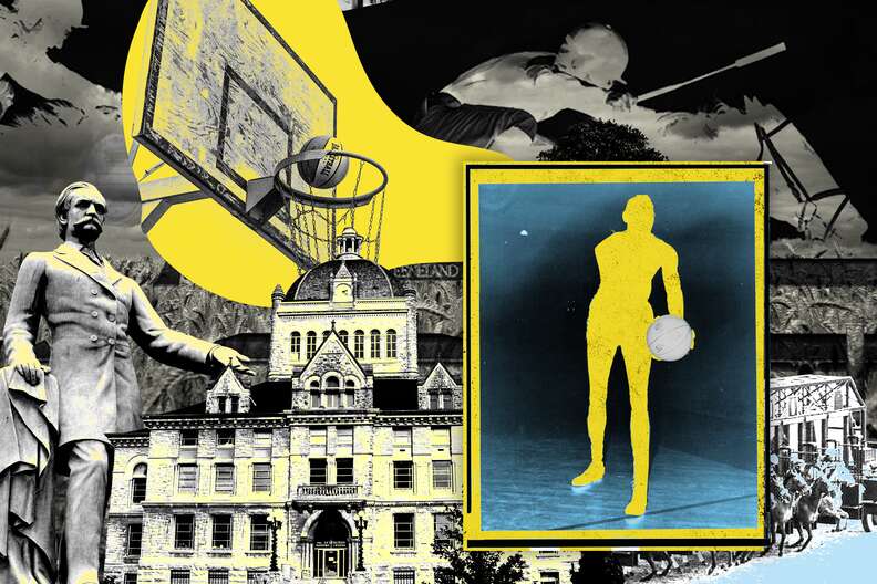 collage of march madness images for lexington, kentucky including a basketball hoop, player, horse racing, and historic building